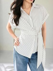 Heiryn 女款休閒通勤條紋繫帶收腰襯衫 - 白色 - 查看 4
