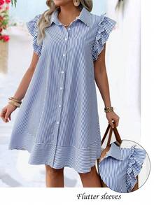 EMERY ROSE Plus Size Fashion Spring/Summer Casual Striped Front Button Cap Sleeve Dress - Blue - View 4