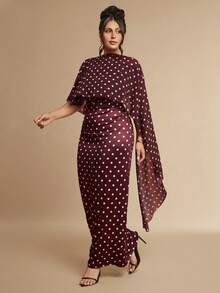 SHEIN BAE CURVE 大尺碼女款披肩超長洋裝波點酒紅色 - 彩色 - 查看 3