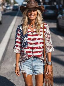 SHEIN LilyWest Camisa de mujer de talla estándar, exquisita y elegante, estilo bohemio de vacaciones casual americano, cuello en V, manga media, patchwork, estampado floral vintage con puños de volantes, para viajes con temática americana/vintage, check-in, uso diario casual, compras de fin de semana, vacaciones ligeras, viajes cortos, pueblo americano, mercado vintage, viaje por carretera, picnic al aire libre, compras con amigos, cafetería, paseo por el parque, pueblo costero, pueblo antiguo, viaje artístico - Multicolor - Ver 1