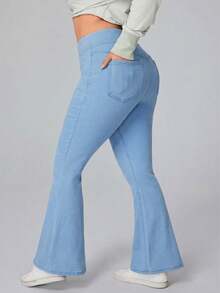 Flexra Plus Size Women Elastic Waist Casual Flare Leg Jeans - Baby Blue - View 2