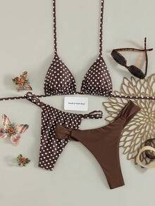 Swim Vcay 3pcs/Set Spring/Summer New Brown Polka Dot Chocolate Brown Halter Neck Tie Triangle Top And Solid Color Thong Beach Party Wear 1950s Vintage - Multicolor - View 3
