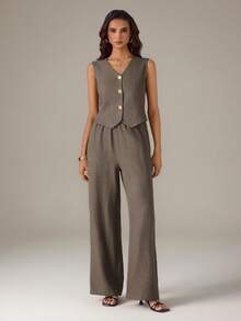 SHEIN Tall Women's Metal Single-Breasted Vest And Pants Casual 2 Pieces Set - Brown - View 4
