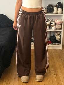Muchica Patchwork Striped Elastic Waist Brown Checkered Knit Wide Leg Sweatpants Daily Summer Sporty - Multicolor - View 5