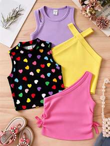 Set de 4 piezas de chaleco de punto de unicolor con patrón de corazón para niña - Multicolor - Ver 6