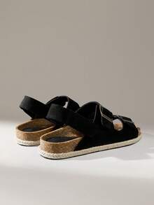 Solecia Sandalias de mujer primavera y verano nuevas con diseño de doble hebilla, punta abierta, suela plana, cómodas y ligeras, fáciles de poner, con borde tejido, color negro, estilo casual para vacaciones y playa - Negro - Ver 5