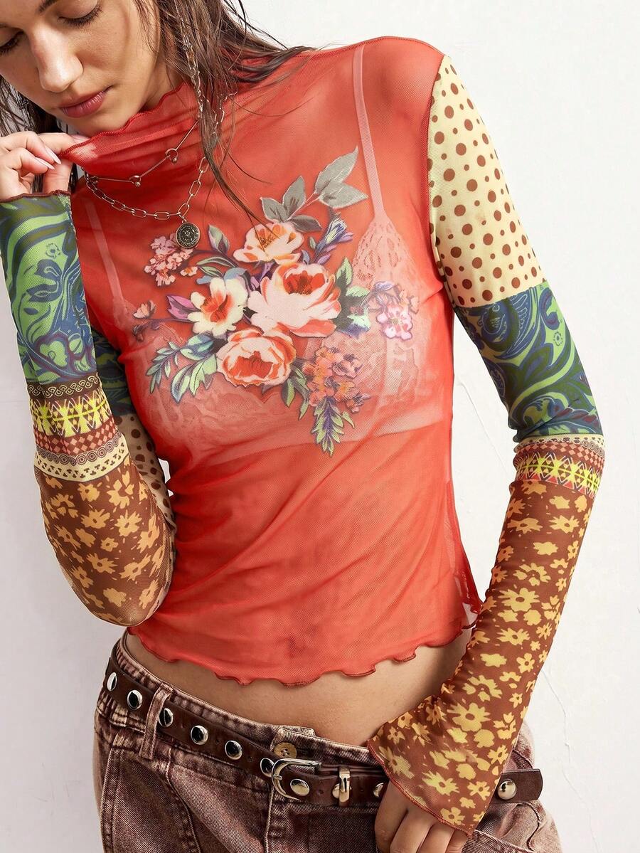 Bohemela 女款度假風花卉波點印花長袖休閒上衣 - 珊瑚粉 - 查看 1