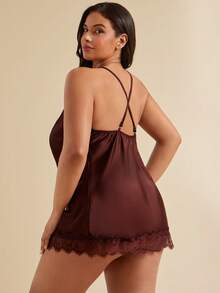 SHEIN BAE CURVE Plus Size Women's Sexy Deep V Slip Dress, Minimalist Lace Patchwork Hollow Out Alluring Nightgown - Brown - View 2