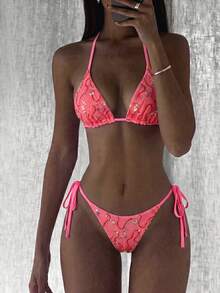 Costavie Set 2 Potong untuk Liburan Musim Semi/Panas, Bra Segitiga Berpayet Warna-warni dari Kain Khusus dan Bawahan Bikini dengan Tali Samping, Set Bikini Seksi - Watermelon Pink - View 1