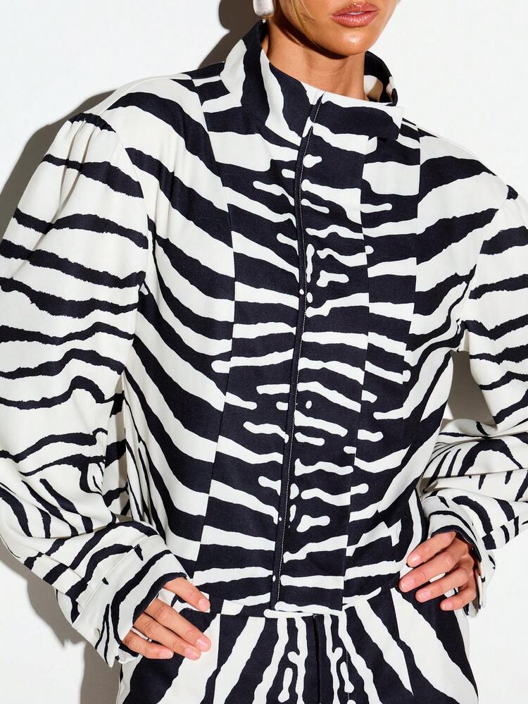 Zebra Print Funnel Neck Boxy Cropped Jacket