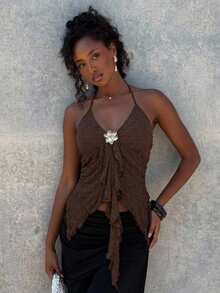 Lumalex Women's Metal Decor Ruffle Asymmetric Hem Pleated Waist Blouse, Brown - Brown - View 7