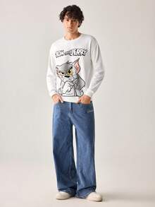 Strevion TOM & JERRY 男士休闲 Thinking Tom 字母印花圆领长袖卫衣，春秋季 - 白色 - 查看 8