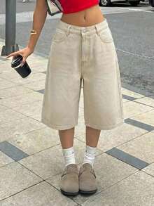 SHEIN Quần short denim dài Bermuda dáng rộng túi thiết kế wash retro Y2K cho nữ teen, quần short jeans boho mùa hè cho nữ, phù hợp mặc chill mùa hè, đi học, đi trường, đại học, trang phục mùa hè cho nữ, phù hợp phong cách boho mùa xuân và mùa hè, vintage theo mùa // đi biển/biển/trang phục tốt nghiệp thanh lịch, jumpsuit nữ casual, trang phục nghỉ lễ mùa hè, trang phục mùa xuân, trang phục đi biển cho nữ, trang phục du lịch cho nữ, trang phục ngày Valentine, trang phục nghỉ lễ mùa hè, trang phục nghỉ lễ du lịch biển cho nữ, trang phục tốt nghiệp - Màu Khaki - Xem 4