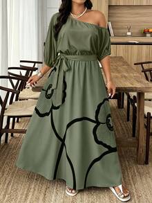 Weeklong Plus Size Women's Vacation Asymmetrical Shoulder Floral Print Elegant Dress - Multicolor - View 5