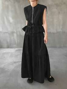 FRIFUL Women's Summer Casual Drawstring Waist Vest & Skirt 2 Pieces Set - Black - View 1