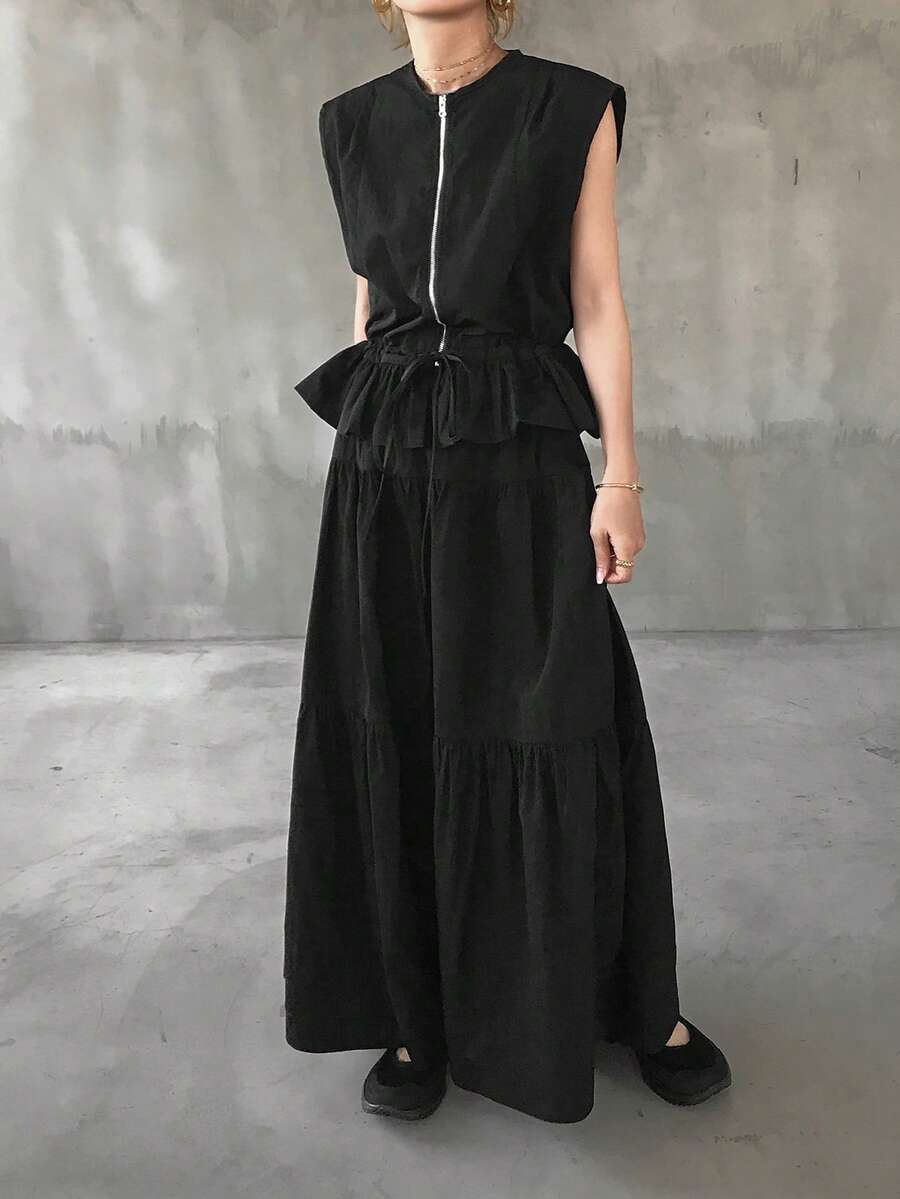 FRIFUL Women's Summer Casual Drawstring Waist Vest & Skirt 2 Pieces Set - Black - View 1