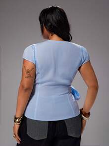 Rustia Women's Blue And White V-Neck Tie-Front Commuter Shirt Bussines Office Summer Casual - Blue - View 2