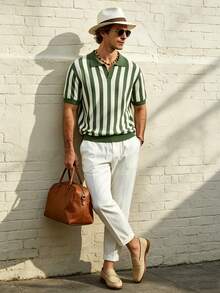 Airaco Men's Polo Collar Vertical Striped Pattern Knit Short Sleeve Vacation Green Stripe Summer Casual - Green - View 6