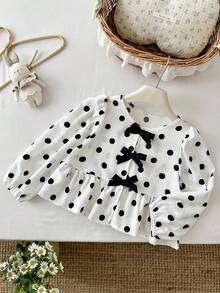 SHEIN Young Girl Polka Dot Print Bow Decor Shirt - Black and White - View 4