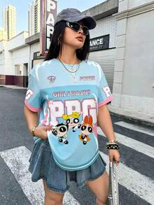 THE POWERPUFF GIRLS X SHEIN Plus Size Women's Round Neck Short Sleeve T-Shirt - White - View 5