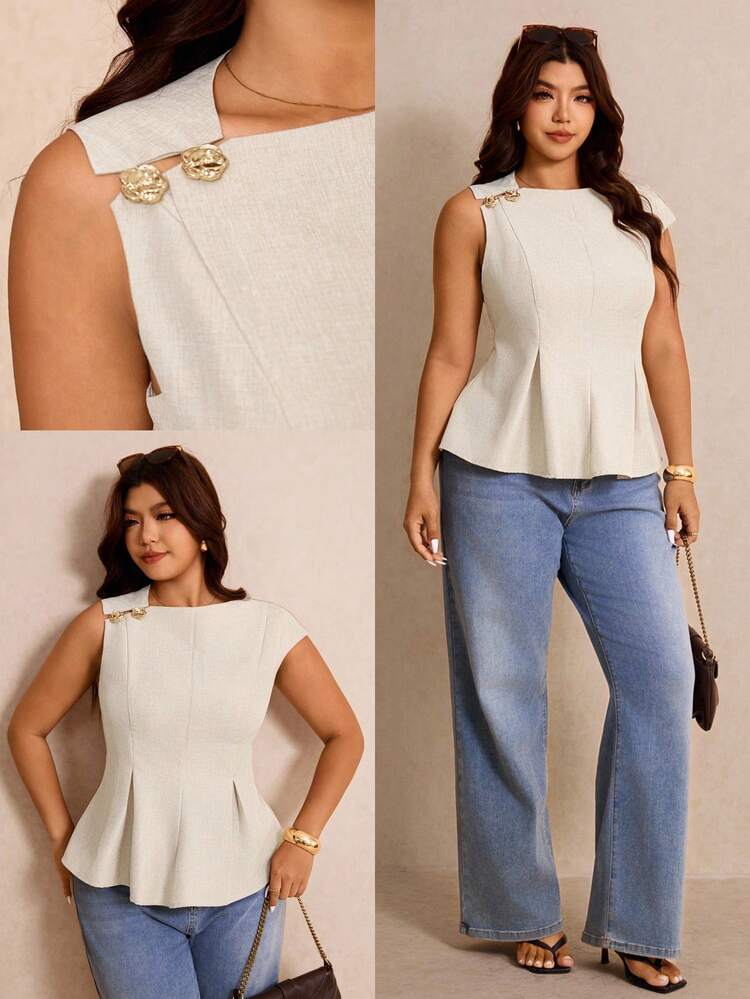 Elaquor Plus Size Women Solid Color Metal Decor Sleeveless Pleated Hem Blouse Teachers' Day Brunch Bussines Evening Office Beige Summer Casual Elegant - Khaki - View 1