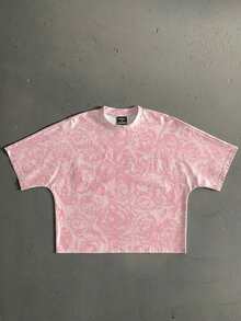 Manfinity ZONE917 Men Boxy Cropped Casual Fashion Distressed Pink Rose Pattern Script English Text Pink Short Print Batwing Sleeve T-Shirt (High Quality), Holiday - Multicolor - View 6