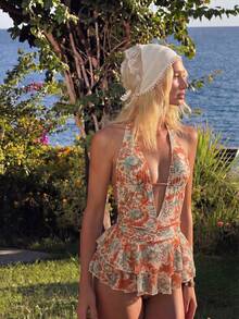 SHEIN Swim 新款波西米亚风印花露背吊带高级性感深V露背女士连体泳衣，适合春夏穿着，时尚百搭，是夏季海滩度假的完美之选。 - 橘色 - 查看 3