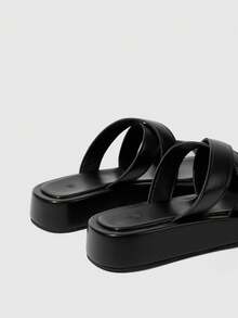 HighSole Sandales décontractées confortables pour femmes, semelle épaisse, double ceinture, design croisé, bout ouvert, style léger et mature, noir, pour le printemps et l'été, usage quotidien, rue et voyage - Noir - Voir 3