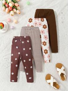 SHEIN Playful Pals 4件裝少女休閒復古花卉、條紋、純色棕色內搭褲，柔軟面料，適合夏季室內休閒或戶外玩耍 - 彩色 - 查看 2