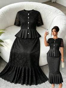 Elenzga Damen Outfit in Große Größen, 2-teiliges Set, Spitze Mesh Einsatz, transparent, sexy, elegant, Rüschenärmel Bluse und Fishtail Rock, bequemer, dehnbarer schwarzer Anzug für Party, Tee, Bankett - Schwarz - Übersicht 8