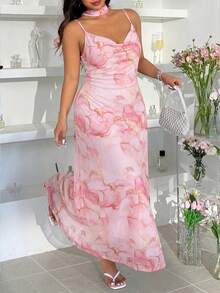 GalTyme Plus Size Women's Vacation Marble Print Ruffle Neck Elegant Draped Neck Dress Evening Tea Party Light Pink Summer - Multicolor - View 6