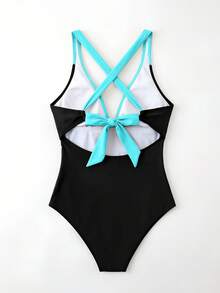 SHEIN Swim 女款對比色交叉綁帶式一件式夏季海灘泳衣 - 彩色 - 查看 3