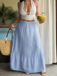 Sunnyshic Plus Size Blue And White Striped A-Line Ruffle Skirt For Women, Summer , Vacation, Beach, Elegant, Shopping, Dating, Commuting, Daily, Versatile Fall - Blue - View 7