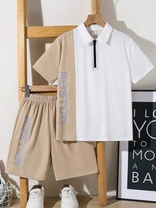 SHEIN 兒童青少年男童休閒卡其色拼接 Polo 領短袖 T 恤與短褲 2 件套，適合通勤、上學、日常休閒出遊、運動，春夏季適用 - 卡其色 - 查看 5