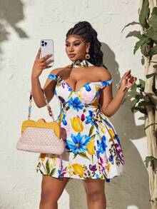 Maweii Plus Size Summer Elegant Floral All-Over Print Off-Shoulder Dress - Multicolor - View 3