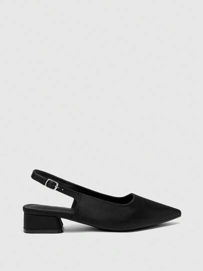 CUCCOO BIZCHIC Women Shoes Women Pointed Black Satin Metal Buckle Design Daily Versatile Fashion Party Shopping Holiday Comfortable Wear Block Heels