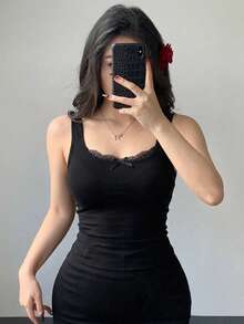DAZY Women's Square Neck Short Sleeve Fitted T-Shirt Summer - Black - View 2