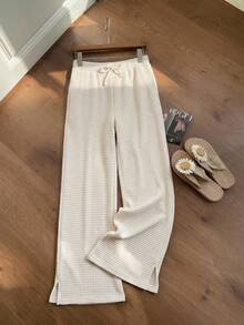 SHEIN Tween Girl Versatile Pocket Drawstring Waist Casual Basic Long Pants White Autumn - Khaki - View 3