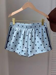 Comfortcana Polka Dot Pattern Elastic Waist Summer Women's Shorts - Blue - View 5