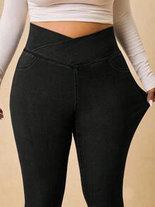 SHEIN Tall CURVE Plus Size Solid Color Casual Stretch Jeans - Black - View 2