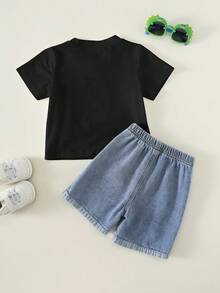 SHEIN 男女嬰兒/男嬰 2件組 春夏休閒可愛恐龍貼布繡短袖T恤與牛仔短褲套裝，男嬰套裝，男嬰夏季服飾，街頭風，牛仔，牛仔褲 - 彩色 - 查看 2