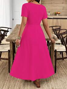 Breezaya Vestido largo de moda para ir al trabajo con cuello ondulado para mujer de talla grande - Rosa Fucsia - Ver 2