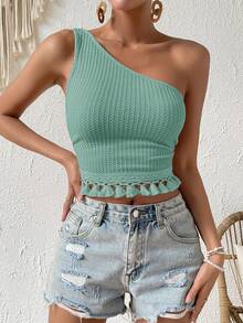 SHEIN VCAY 女款素色單肩無袖流蘇下擺修身度假上衣 - 綠色 - 查看 4