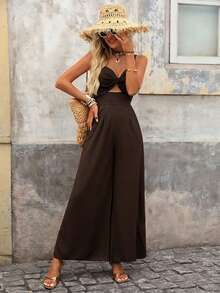 Brillora Women's Solid Color Twist Knot Hollow Out Jumpsuit For Vacation And Casual Wear Vacation Dark Brown Summer - Brown - View 6
