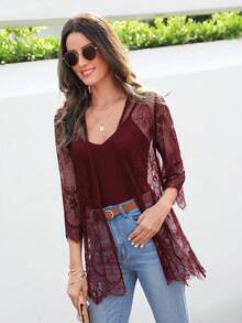 SHEIN VCAY 女款度假蕾絲 3/4 袖寬鬆和服式罩衫 - 紅色 - 查看 5