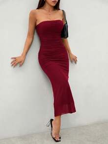 SHEIN PETITE Stil Farbverlauf Mesh Trägerloses Bodycon Kleid, Petite Frauen - Bordeaux - Übersicht 3