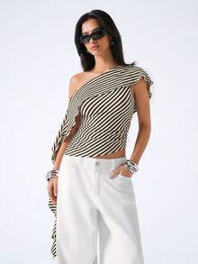 LYSMO Women's Summer Fashion Striped Asymmetric Top - Multicolor - View 4