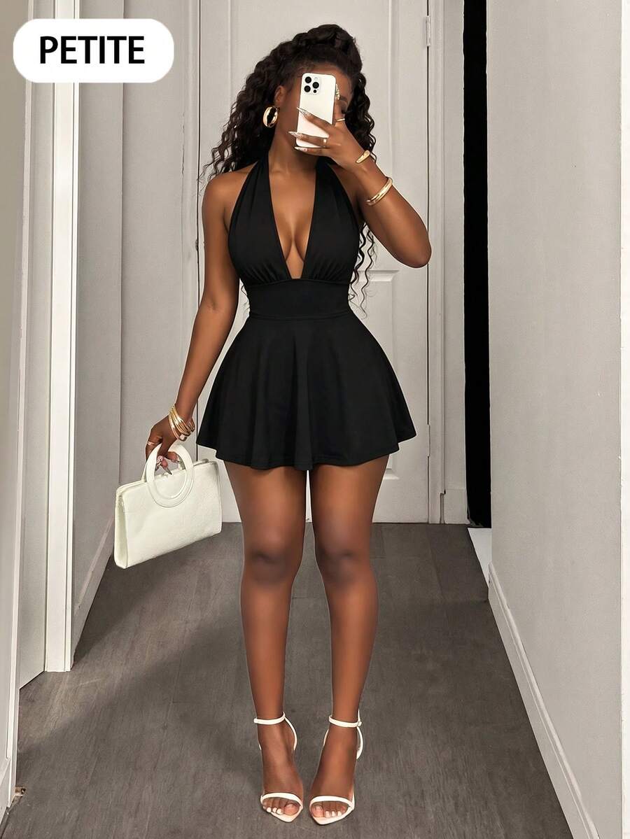 SHEIN PETITE 女款黑色無袖深V領露背綁帶連身褲,緊身設計,適合女性夏季、度假與節日穿著,小個子女性適用 - 黑色 - 查看 1