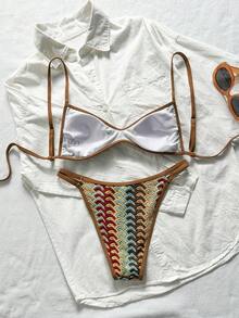 SHEIN Swim 女款 2 件式泳衣套裝，特殊布料拼接，綁帶露背，夏季度假海灘穿搭，棕色波希米亞風 - 彩色 - 查看 2