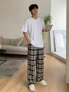DAZY 春夏格紋長褲搭配白色短袖T恤男士居家服睡衣套裝 - 彩色 - 查看 7